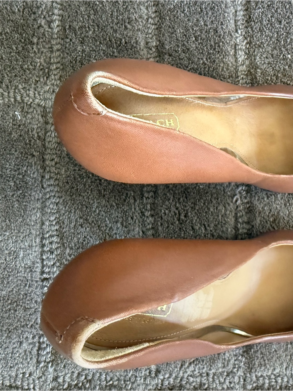 Coach Brown Leather Pumps with Black Cap Toe and Gold Accent - Picture 5 of 8